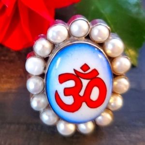 Large Vintage Sterling Cultured Pearl OM Symbol Good Luck Ring